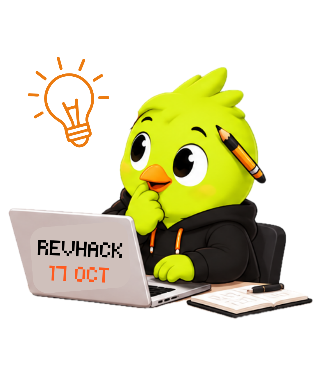 RevHack's lime-green bird mascot thinking of an idea at a laptop marked RevHack 17 Oct