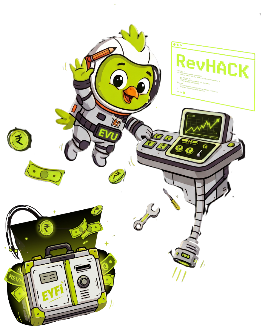 RevHack's lime-green bird mascot in an astronaut suit floating in space beside a control station with a rising chart, a terminal reading RevHack, and an EYFI safe bursting with rupee notes