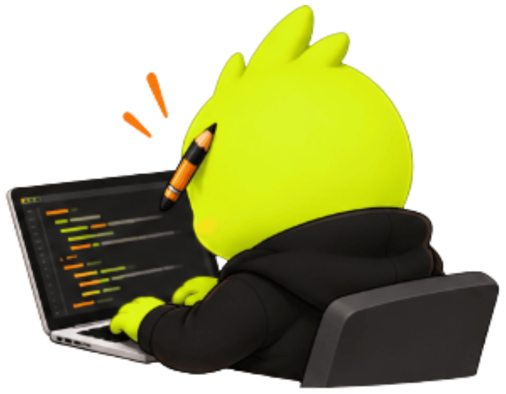 The RevHack mascot hunched over a laptop, typing